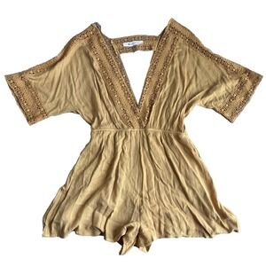 The Impeccable Pig Romper Womens Medium Mustard Crochet Trim V‎ Neck Casual Fall
